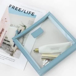 Harlow & Lloyd Personalized Leather Trimmed Transparent Toiletry Bag In Sky Blue