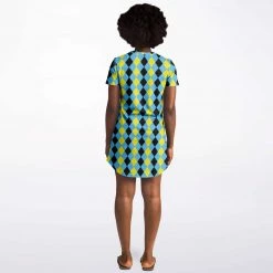 Subliminator Blue & Yellow Harlequin Check T Shirt Dress