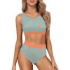 Harlow & Lloyd Vintage Motif Orange & Blue Sports Crop Top Bikini Set Women