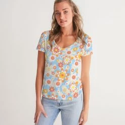 Harlow & Lloyd Blue Blooming Mod Floral Women's V-Neck Tee 13 Harlow & Lloyd Blue Blooming Mod Floral Women's V-Neck Tee