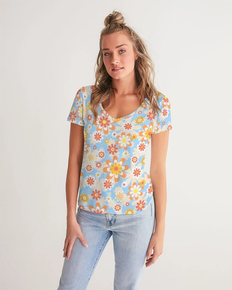 Harlow & Lloyd Blue Blooming Mod Floral Women's V-Neck Tee 6 Harlow & Lloyd Blue Blooming Mod Floral Women's V-Neck Tee