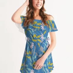 Harlow & Lloyd Parisian Blue Floral Women's Off-Shoulder Dress