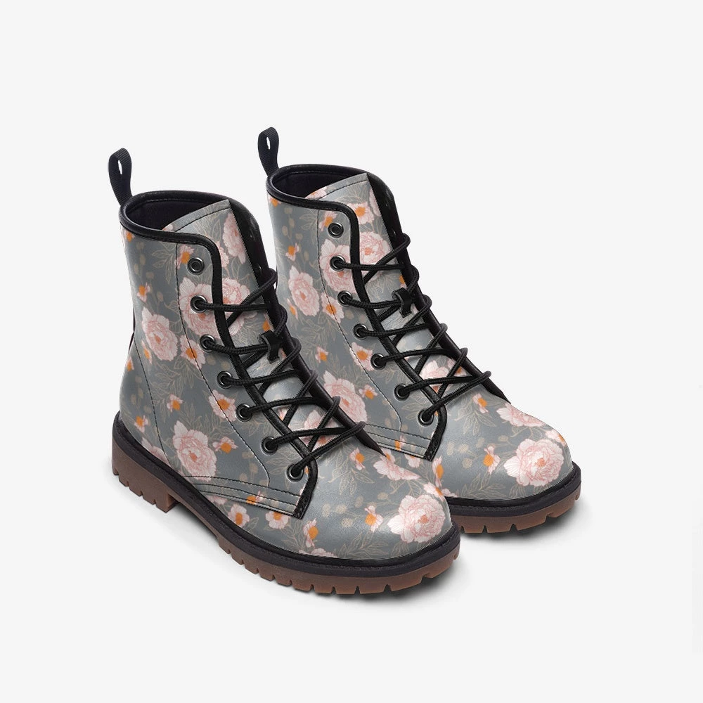Harlow & Lloyd Orange Peonies Floral Gray Lace Up Boots Shoes 4 Harlow & Lloyd Orange Peonies Floral Gray Lace Up Boots Shoes