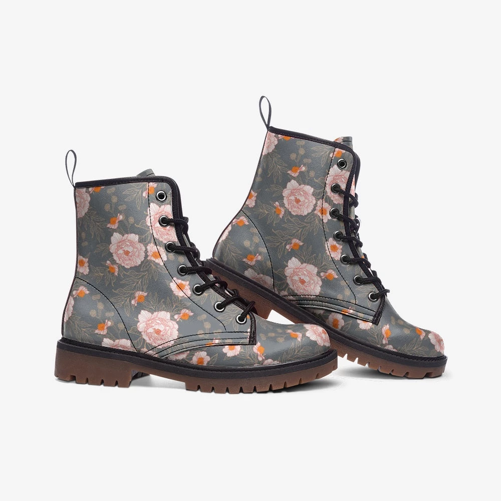 Harlow & Lloyd Orange Peonies Floral Gray Lace Up Boots Shoes 5 Harlow & Lloyd Orange Peonies Floral Gray Lace Up Boots Shoes