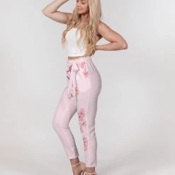 Harlow & Lloyd Pants & Joggers Pink Cherry Blossom Women's Belted Tapered Pants