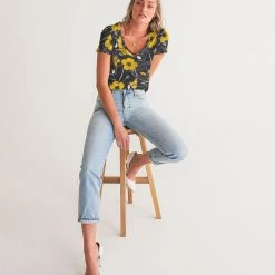 Harlow & Lloyd Yellow Flowers & Tropical Leaves Charcoal Women's V-Neck T Shirt T Shirts & Tanks 15 Harlow & Lloyd Yellow Flowers & Tropical Leaves Charcoal Women's V-Neck T Shirt T Shirts & Tanks