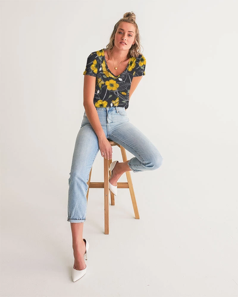 Harlow & Lloyd Yellow Flowers & Tropical Leaves Charcoal Women's V-Neck T Shirt T Shirts & Tanks 8 Harlow & Lloyd Yellow Flowers & Tropical Leaves Charcoal Women's V-Neck T Shirt T Shirts & Tanks