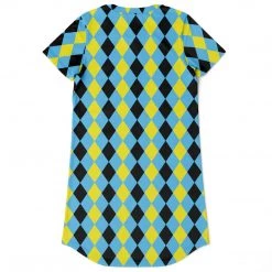 Subliminator Blue & Yellow Harlequin Check T Shirt Dress