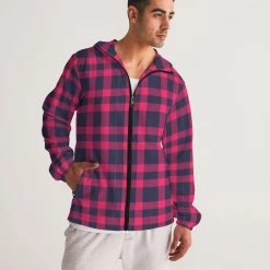 Harlow & Lloyd Red & Navy Tartan Men's Hooded Windbreaker Jacket Jackets 12 Harlow & Lloyd Red & Navy Tartan Men's Hooded Windbreaker Jacket Jackets