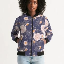 Harlow & Lloyd Orange Peonies Floral Orient Blue Women's Bomber Jacket Jackets