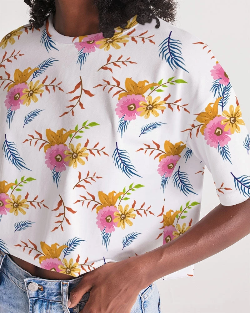 Harlow & Lloyd T Shirts & Tanks White Summer Floral Women's Lounge Cropped Tee 7 Harlow & Lloyd T Shirts & Tanks White Summer Floral Women's Lounge Cropped Tee