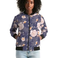Harlow & Lloyd Orange Peonies Floral Orient Blue Women's Bomber Jacket Jackets