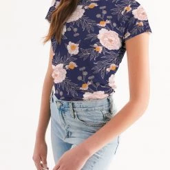 Harlow & Lloyd Orange Peonies Floral Orient Blue Women's Tee