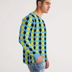 Harlow & Lloyd Blue & Yellow Harlequin Check Men's Long Sleeve Tee T Shirts & Tanks