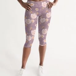 Harlow & Lloyd Orange Peonies Floral Rose Women's Mid-Rise Capri Leggings Pants & Joggers