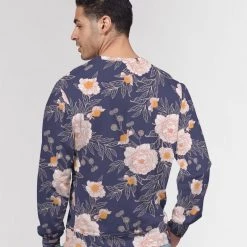 Harlow & Lloyd Orange Peonies Floral Orient Blue Men's French Terry Pullover Sweatshirt Sweatshirts & Pullovers