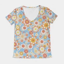 Harlow & Lloyd Blue Blooming Mod Floral Women's V-Neck Tee 16 Harlow & Lloyd Blue Blooming Mod Floral Women's V-Neck Tee