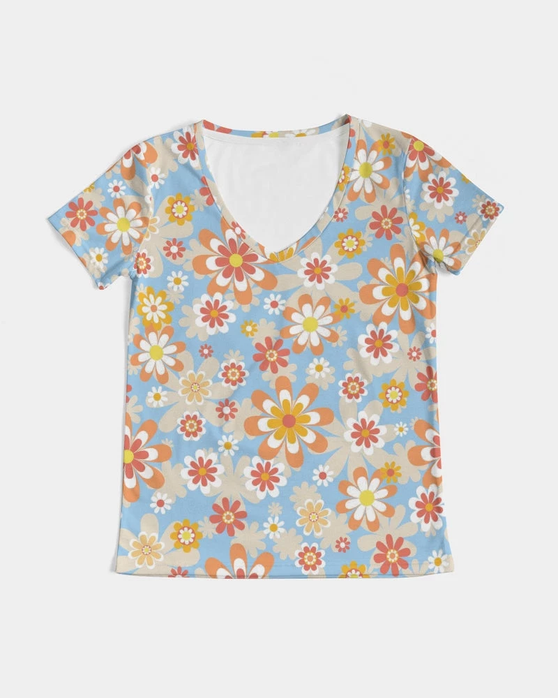 Harlow & Lloyd Blue Blooming Mod Floral Women's V-Neck Tee 9 Harlow & Lloyd Blue Blooming Mod Floral Women's V-Neck Tee
