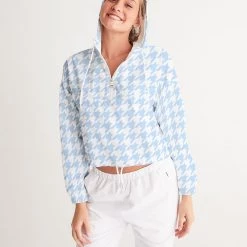 Harlow & Lloyd Baby Blue Houndstooth Women's Cropped Windbreaker Jacket