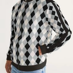 Harlow & Lloyd Harlequin Check Concrete Black And White Men's Stripe-Sleeve Track Jacket