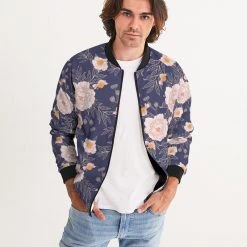 Harlow & Lloyd Orange Peonies Floral Orient Blue Men's Bomber Jacket Jackets