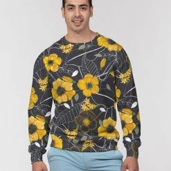 Harlow & Lloyd Yellow Flowers & Tropical Leaves Charcoal French Terry Crewneck Pullover Sweatshirt
