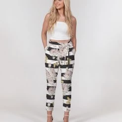 Harlow & Lloyd Pants & Joggers Pink Chrysanthemum Butterflies Women's Belted Tapered Pants