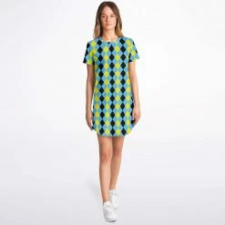 Subliminator Blue & Yellow Harlequin Check T Shirt Dress