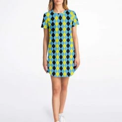 Subliminator Blue & Yellow Harlequin Check T Shirt Dress