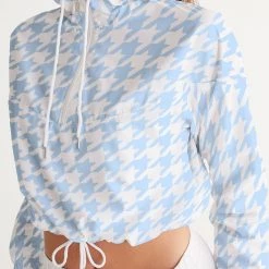 Harlow & Lloyd Baby Blue Houndstooth Women's Cropped Windbreaker Jacket