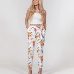 Harlow & Lloyd White Summer Floral Women's Belted Tapered Pants Pants & Joggers