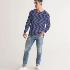 Harlow & Lloyd Blue Violet & Charcoal Abstract Striped Men's Long Sleeve Tee Shirt T Shirts & Tanks