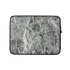 PF Personalized Laptop Sleeve In Dark Grey Marble With Faux Fur Lining Laptop Sleeves