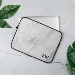 PF Personalized Laptop Sleeve In Marble With Faux Fur Lining